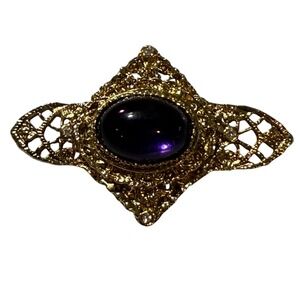 Vintage Gold Tone Filigree Brooch – Oval Purple Stone Rhinestone Pin